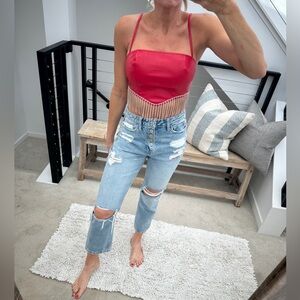 Trendy & Tipsy red backstage fringe rhinestone crop top festival concert NWT S